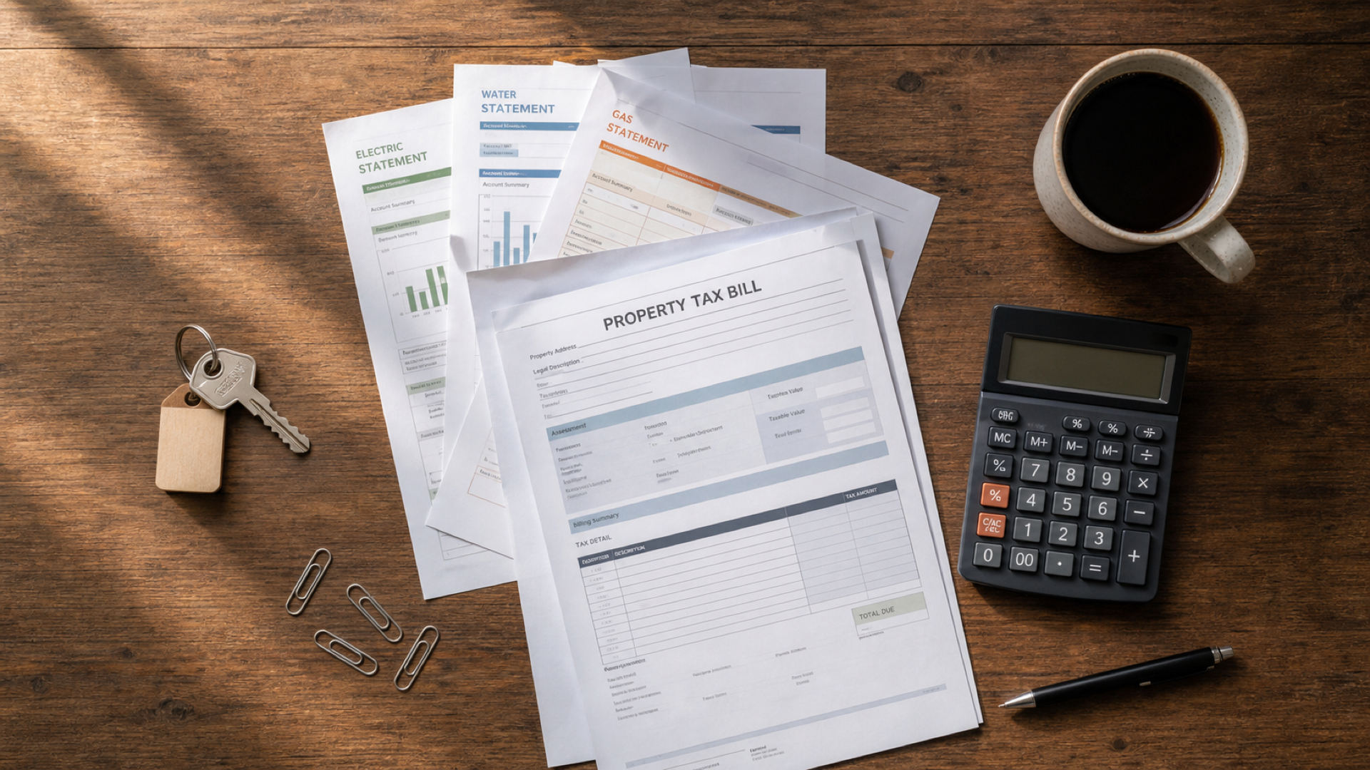 Property tax bill, utility statements, calculator, and house keys on a desk