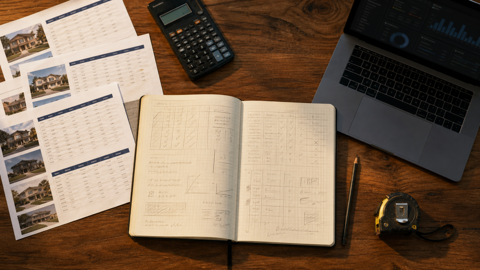 Property analysis notes, calculator, and laptop