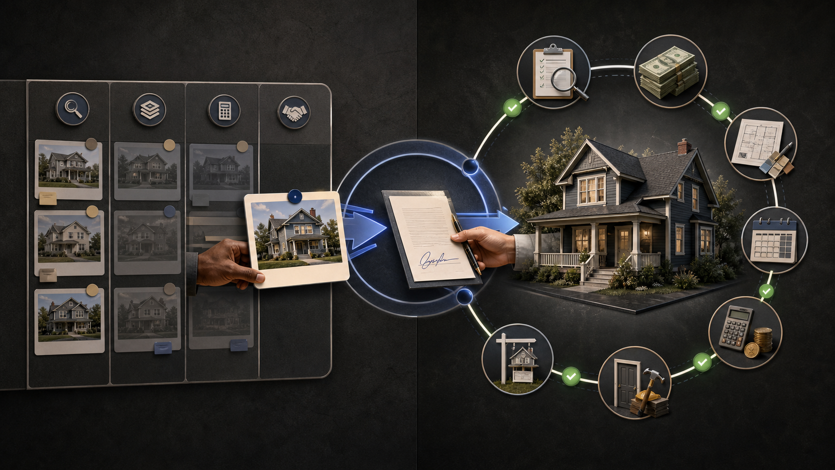 A signed property contract moving from an acquisition board into inspection, financing, scope, budget, construction, rental, and sale workflows