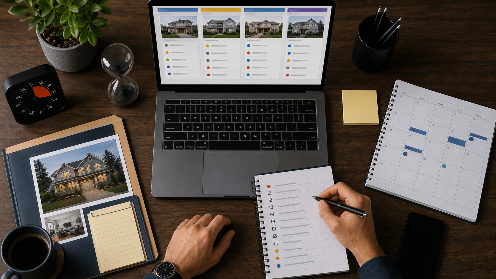 An investor reviewing a four-column property board, follow-up calendar, priority checklist, and offer folder during a weekly review