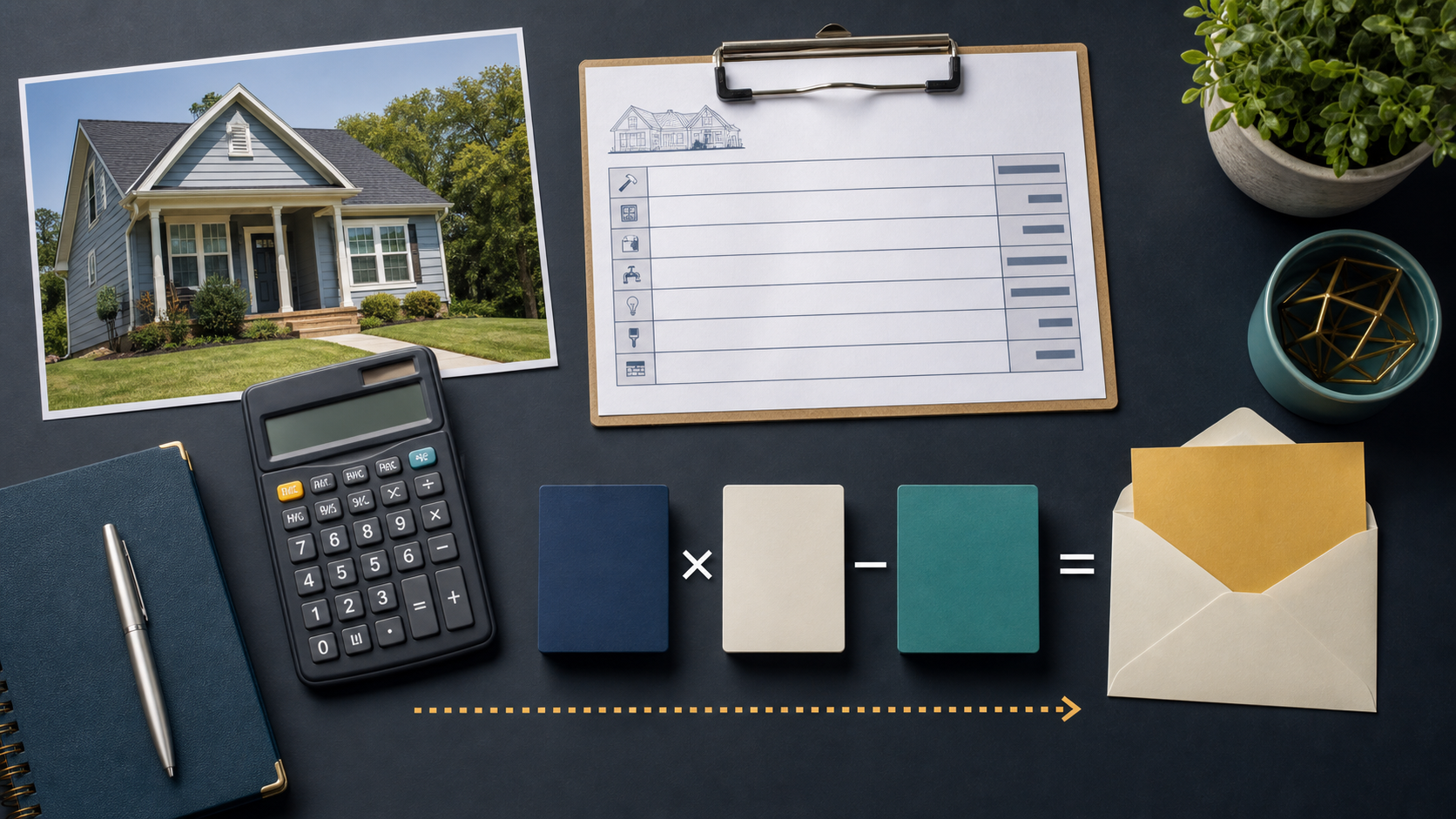 A visual maximum-offer calculation flowing from finished property value through a percentage screen and repair subtraction to an offer