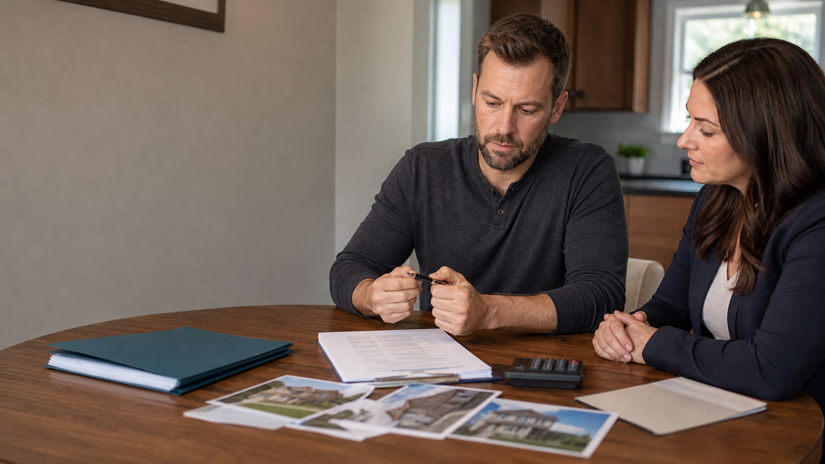A property investor and agent calmly reviewing comparable sales and offer evidence before deciding to walk away