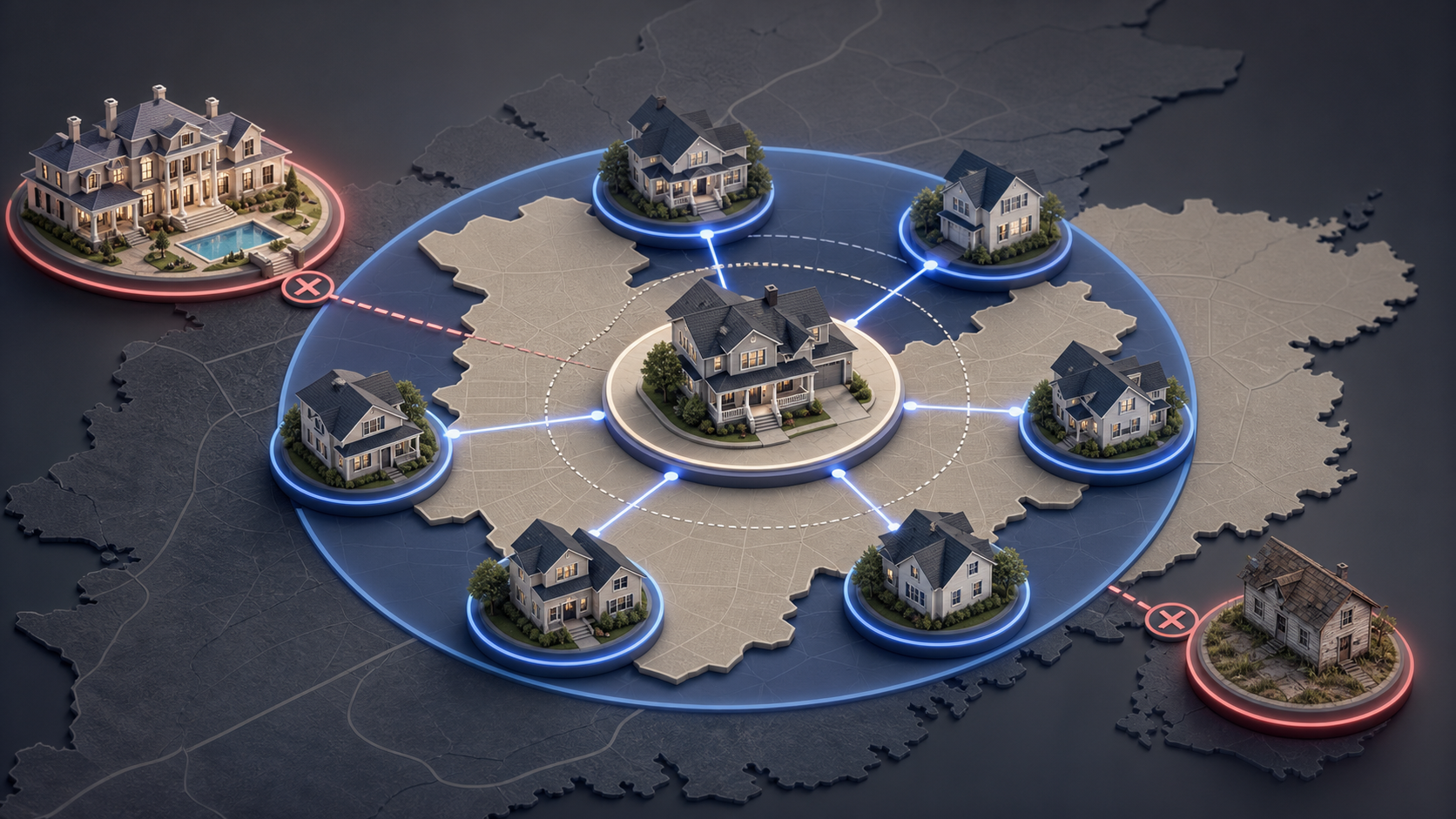 A subject property connected to similar same-market comparable homes while a distant mansion and distressed outlier are excluded