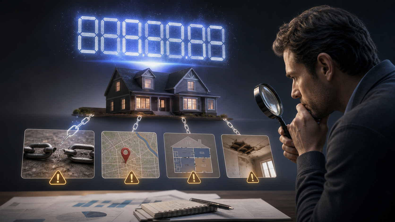 An investor examining a confident property value whose evidence contains a broken source, wrong map location, size mismatch, and hidden repair risk