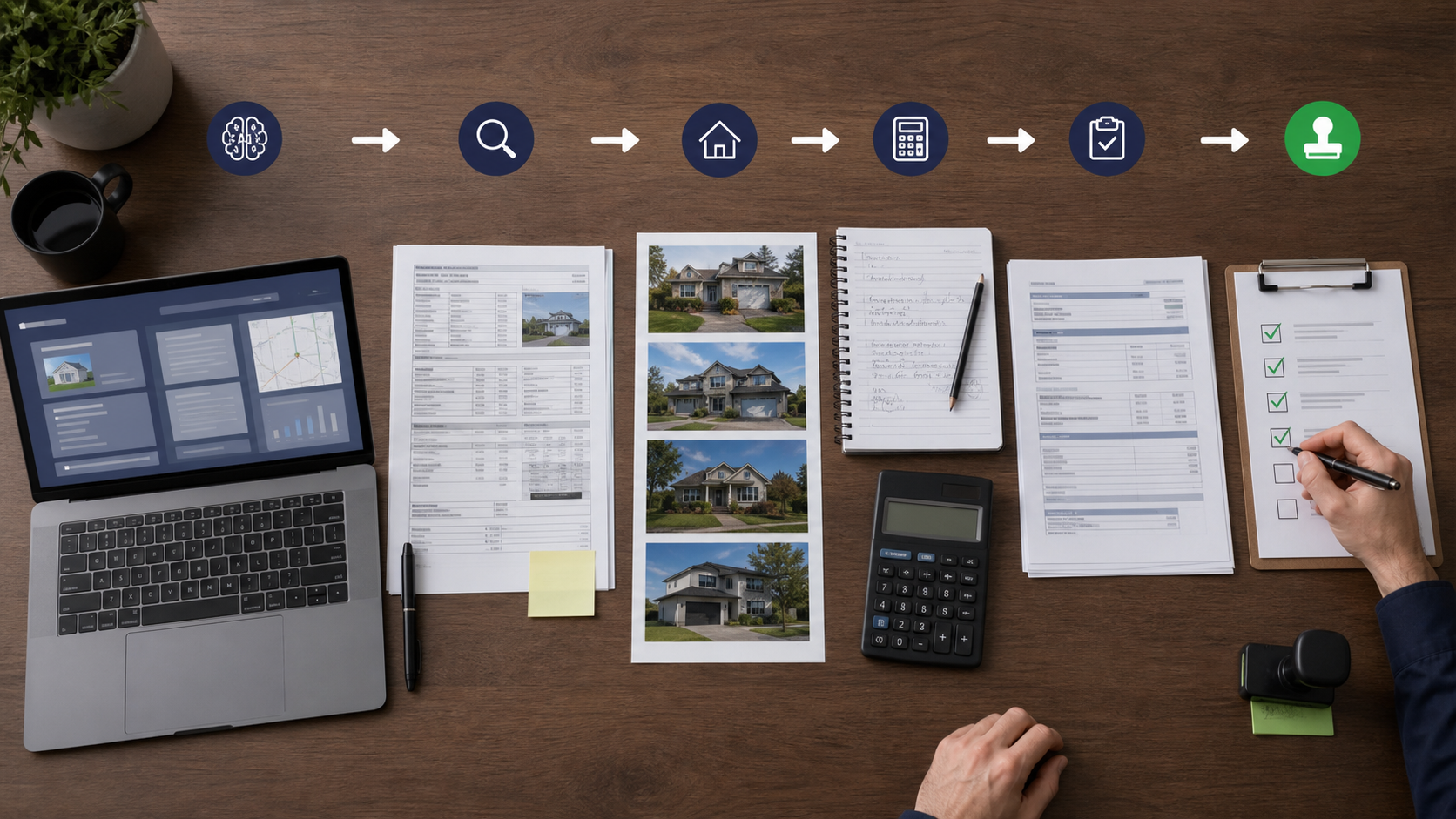 An AI property draft moving through assessor records, comparable photos, calculations, and a human verification checklist before approval