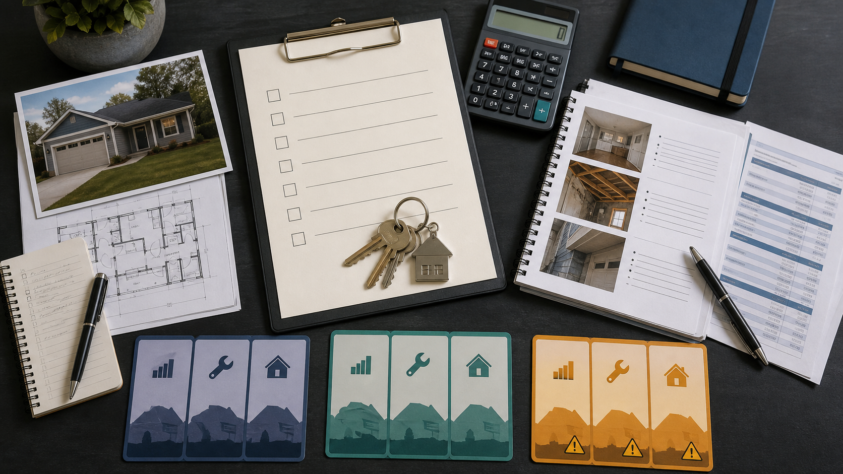 A final property decision workspace with checklist, keys, inspection notes, financing papers, and three scenario groups