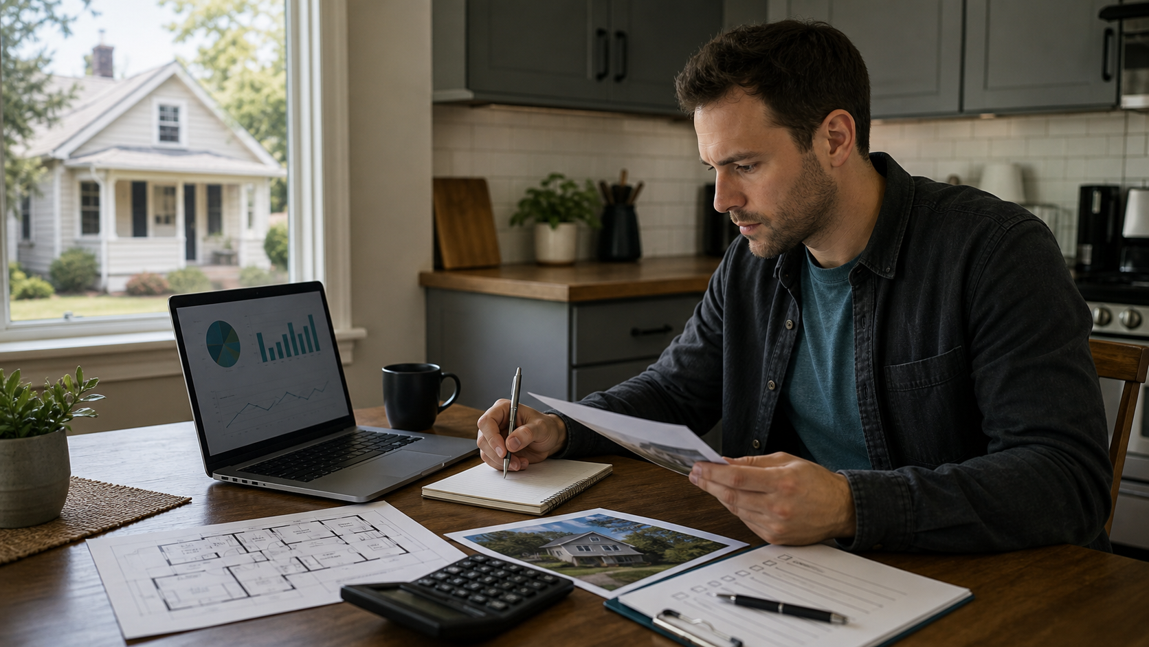 A first-time real estate investor reviewing a property, repair notes, calculator, and financial analysis