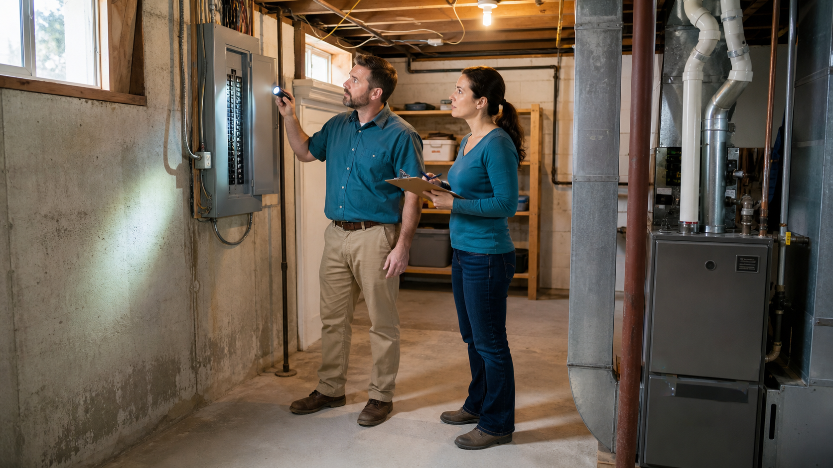 A property investor and inspector reviewing the electrical panel, foundation, plumbing, and furnace during a basement walkthrough