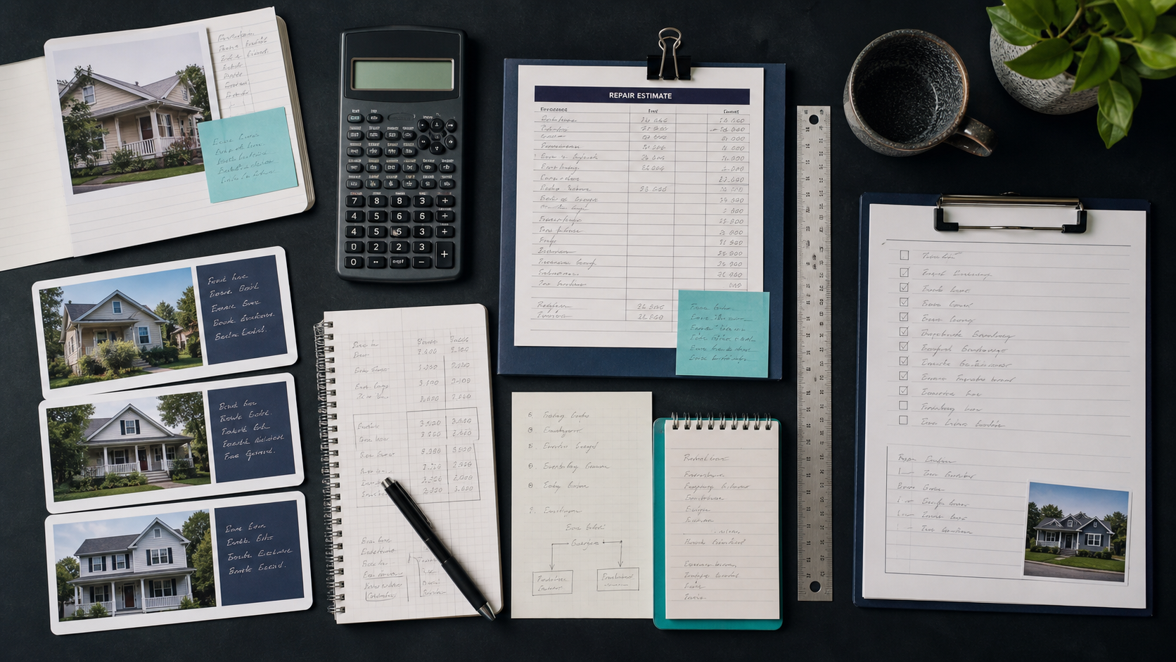 An organized property underwriting workspace with comparable sales, repair estimate, financing notes, calculator, and decision checklist