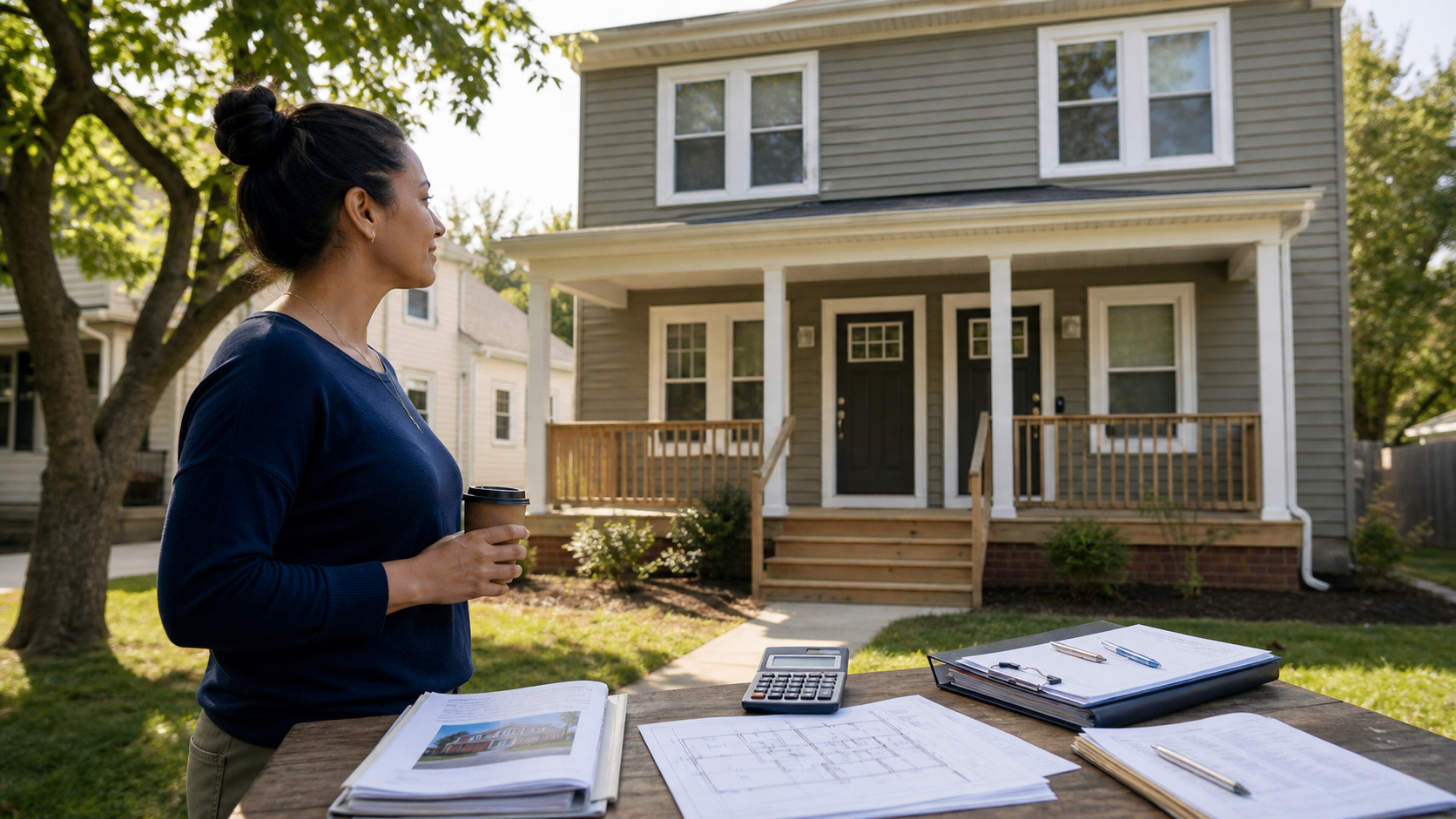A property investor reviewing renovation plans, a calculator, lease documents, and refinance paperwork outside a renovated two-family home