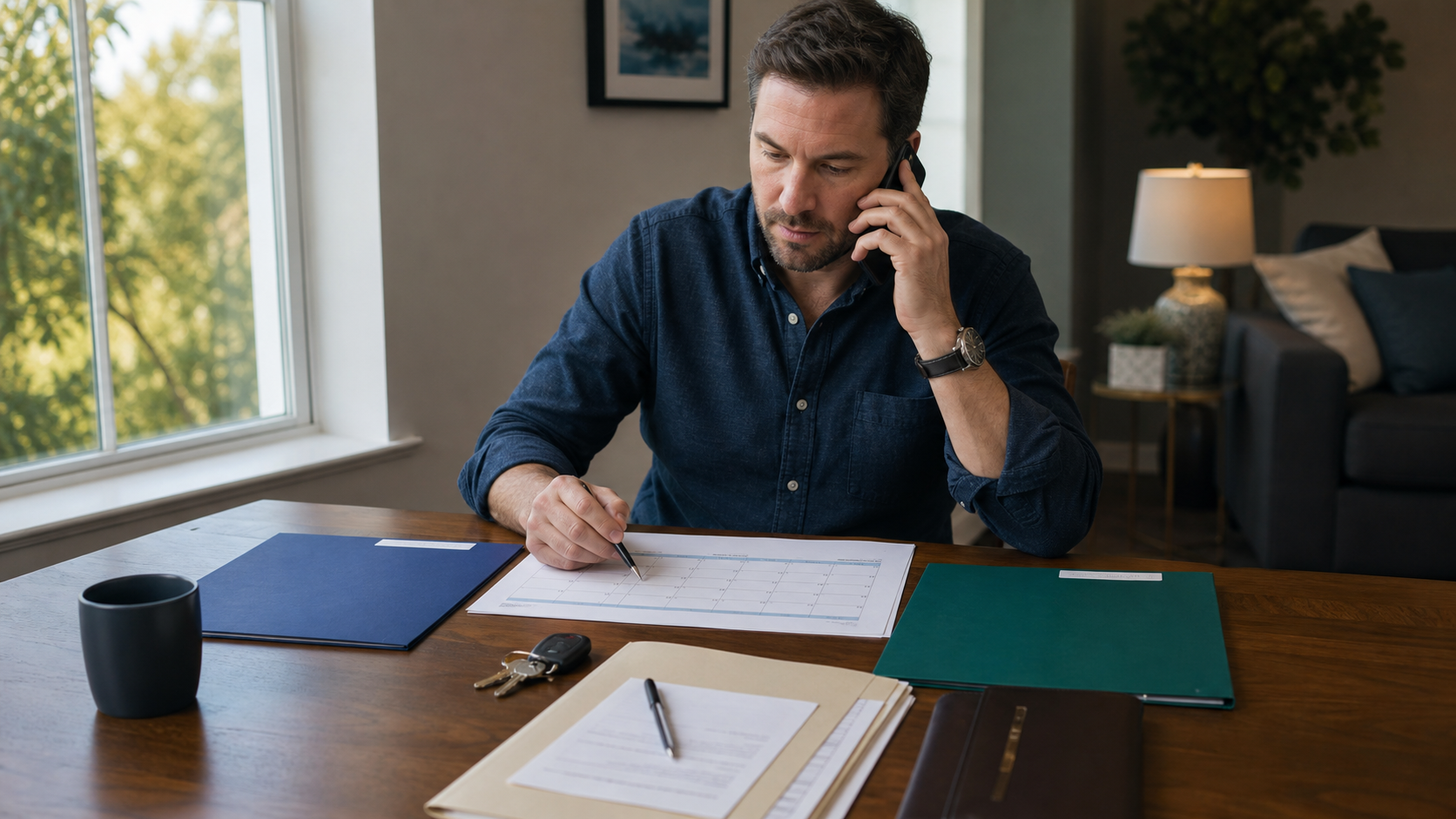 A property investor verifying a closing timeline by phone with separate primary and backup offer folders, keys, and title documents on the table