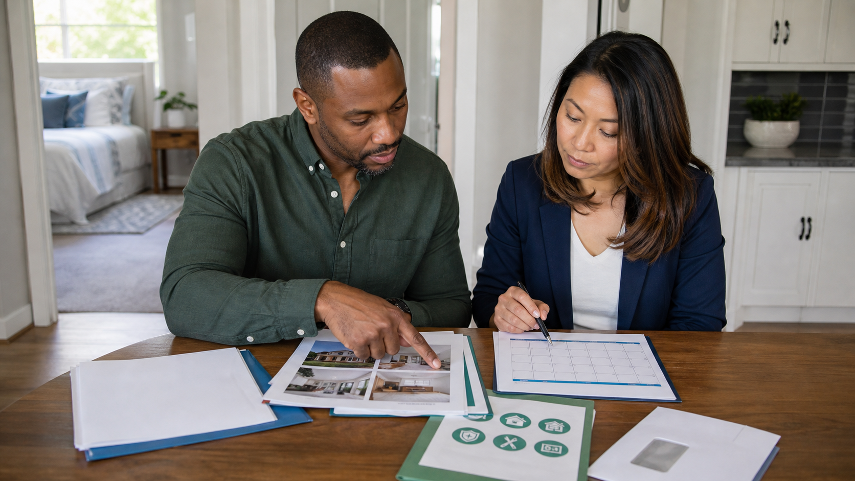 A house-flip seller and listing agent reviewing property appraisal photos, a financing file, contingency icons, and a closing calendar at a dining table