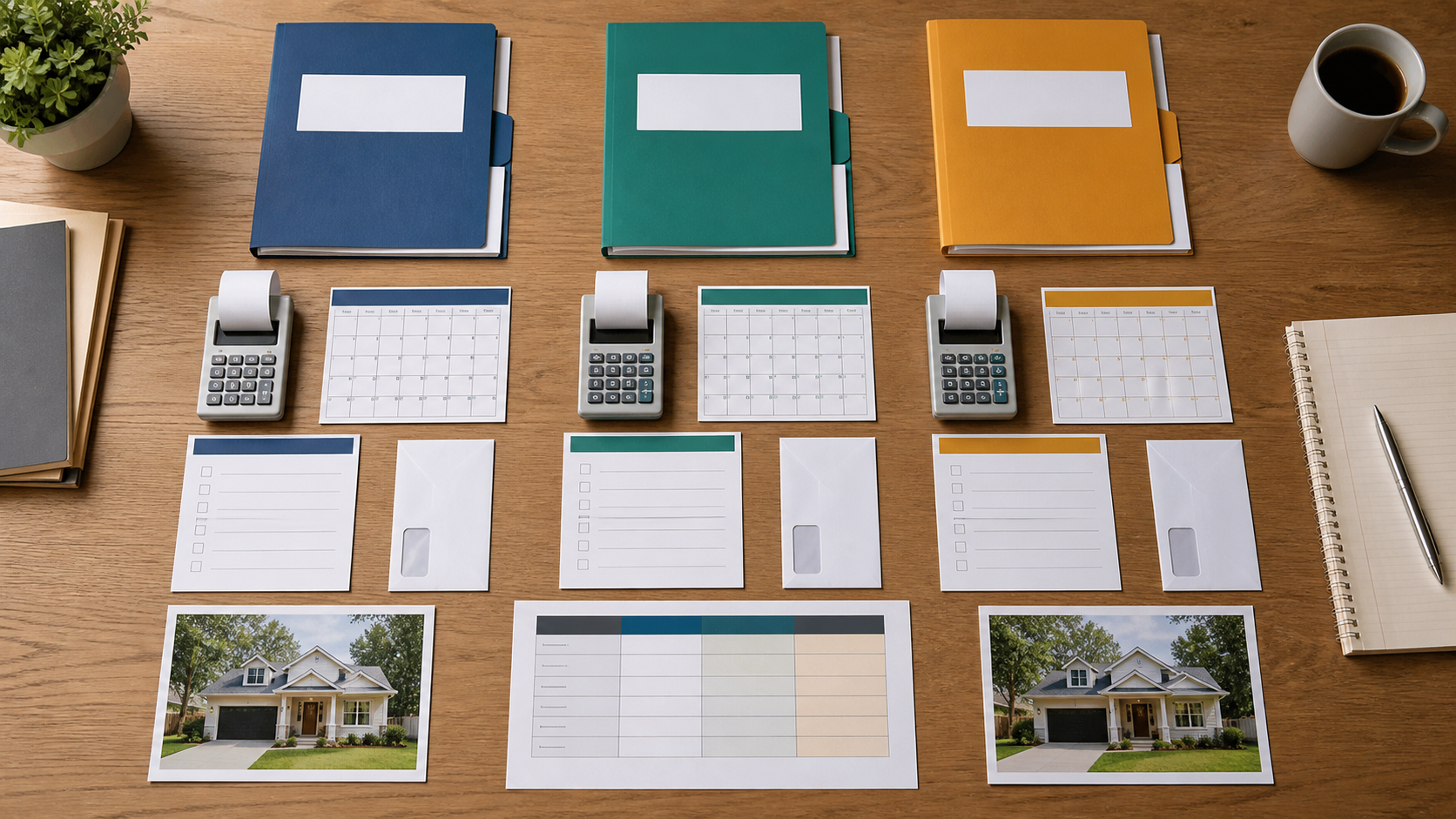 Three color-coded home offer folders arranged with calculators, calendars, contingency checklists, earnest-money envelopes, property photos, and a central comparison worksheet