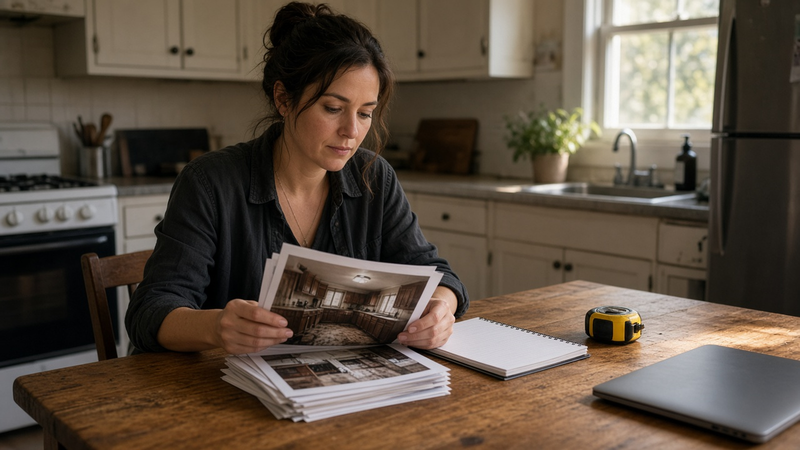 A house-flip investor reviewing printed listing photos, a blank notebook, and a coiled tape measure at a kitchen table
