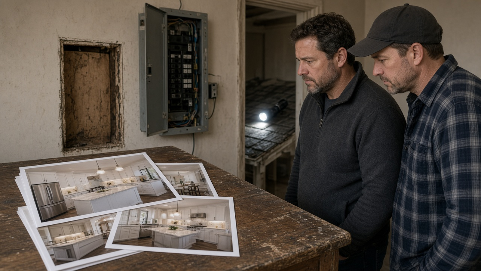 Listing photos of a staged kitchen beside a walkthrough view of an open fuse panel, crawl space, and worn roof