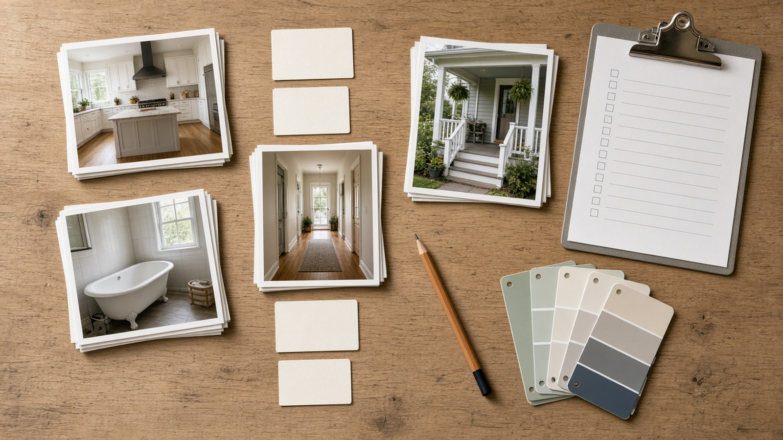 Printed room photos of a kitchen, bathroom, hallway, and porch grouped on a desk with blank cards and a clipboard