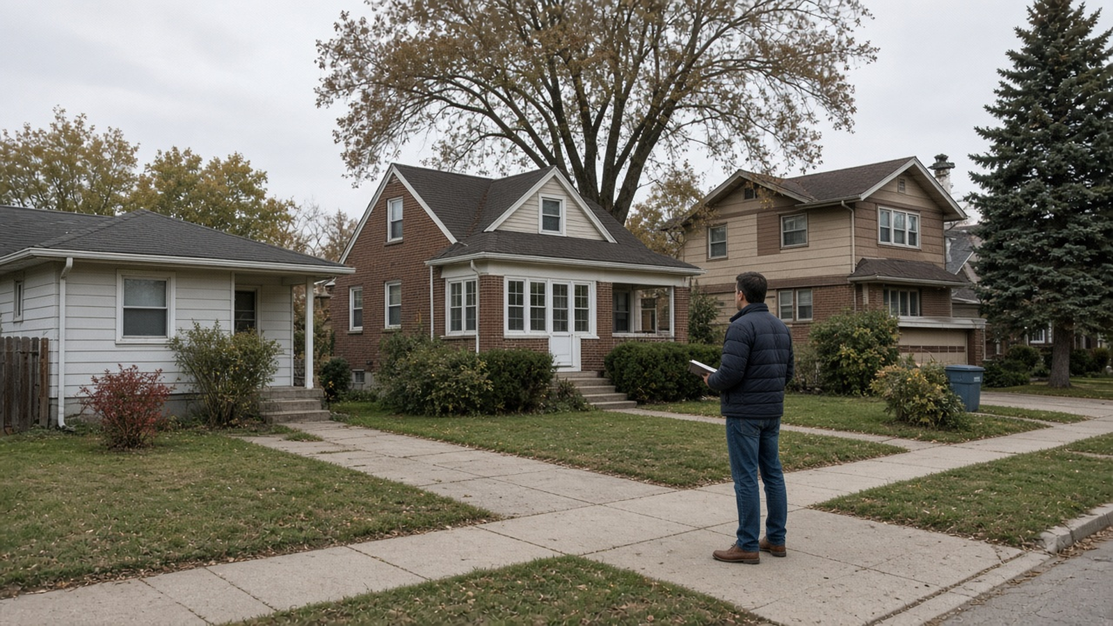 Three modest houses, a ranch, a brick bungalow, and a split-level, seen from the sidewalk before a walkthrough