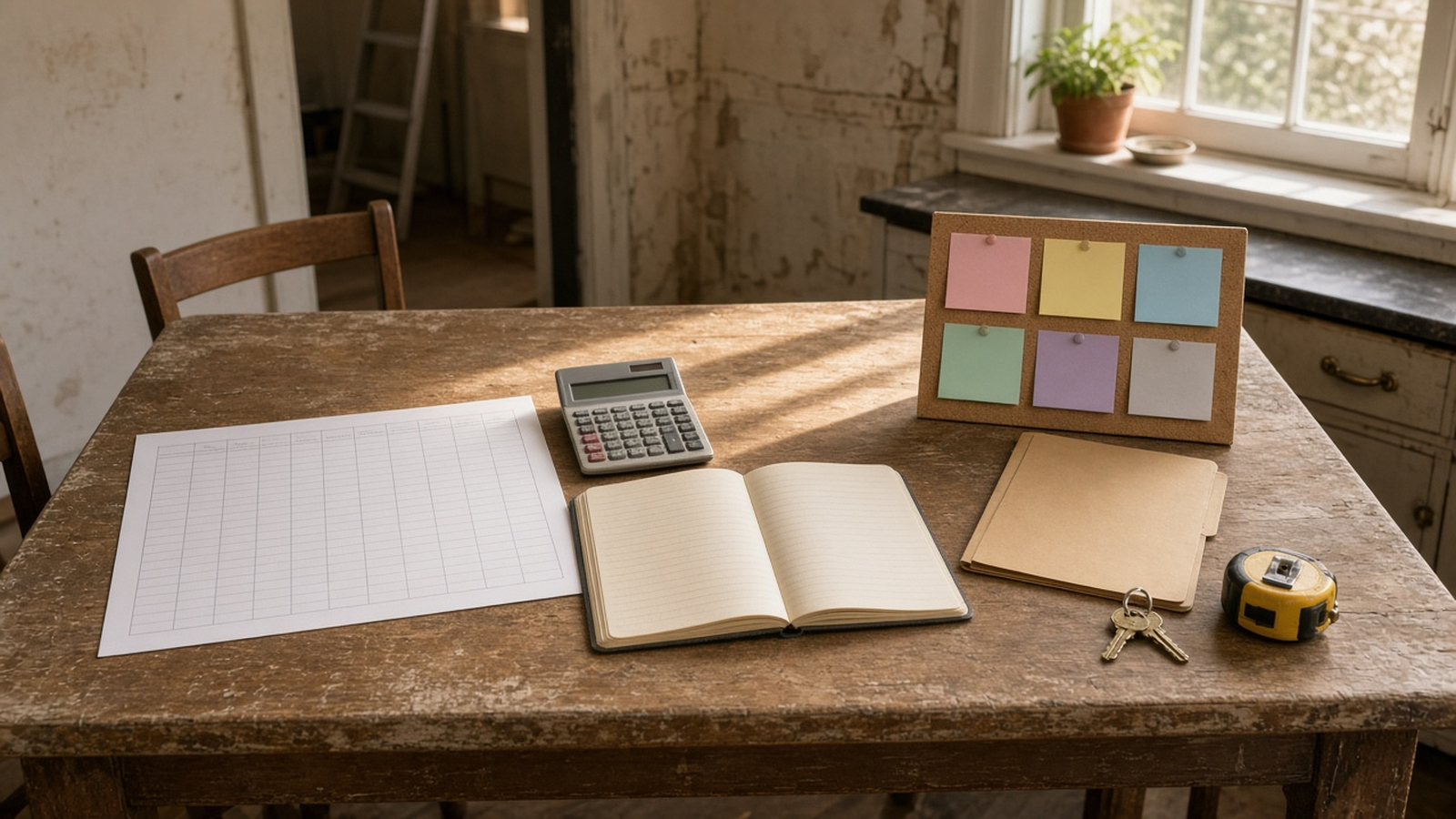 A kitchen table with a printed spreadsheet, a calculator, a blank ledger, a cork board of blank cards, a folder, keys, and a tape measure