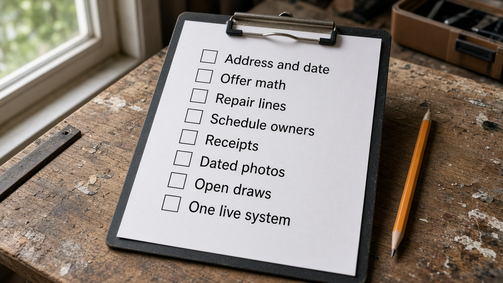 A clipboard checklist for moving a rehab file: address and date, offer math, repair lines, schedule owners, receipts, dated photos, open draws, and one live system
