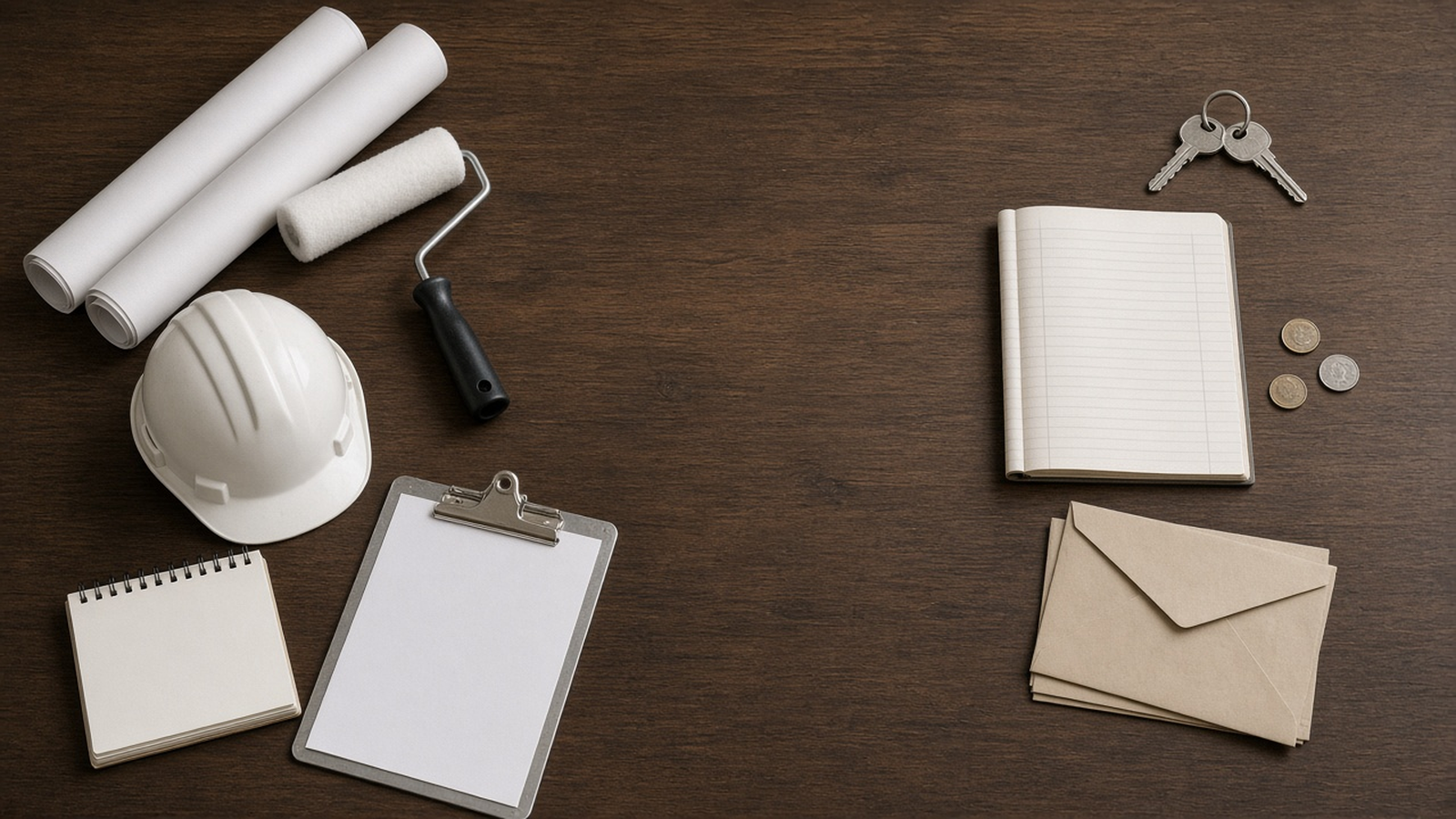 Overhead of a table with renovation tools and a calendar on the left and rental keys, a ledger, and envelopes on the right