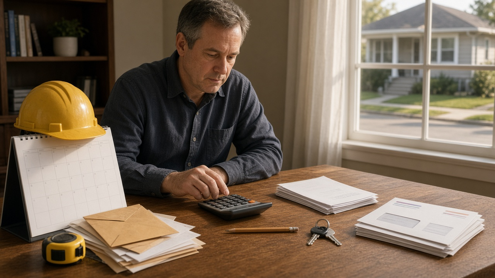 An investor at a home-office desk compares a calendar, hard hat, and construction papers with house keys and rental envelopes