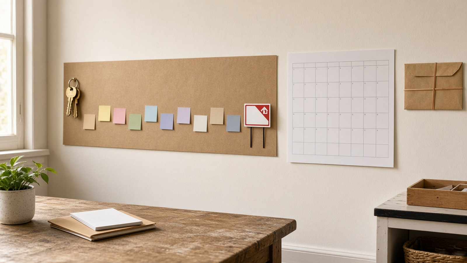 A project room with a long timeline from house keys to a small sold sign, beside one monthly calendar and a rent envelope