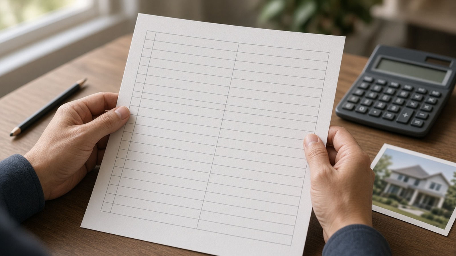 Hands completing a two-column property cost worksheet with a pencil and a calculator on the table