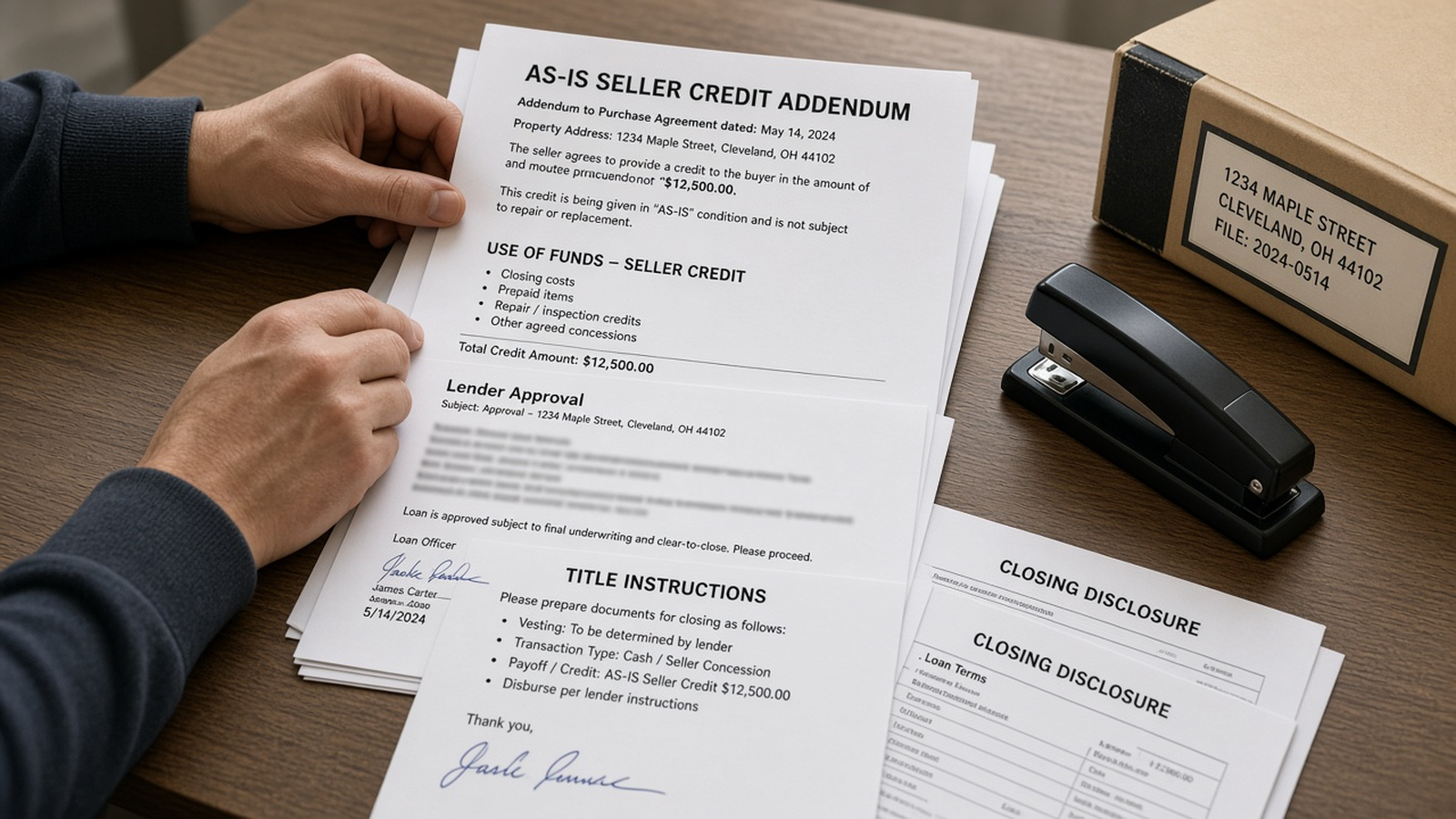 Investor assembling an AS-IS seller credit documentation packet with addendum, lender approval, title instructions, and Closing Disclosure pages