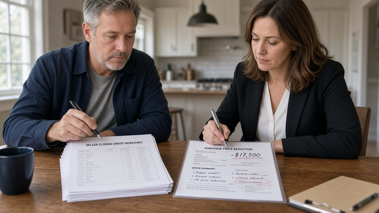 Investor and agent comparing a seller closing credit worksheet against a purchase-price reduction on a printed offer