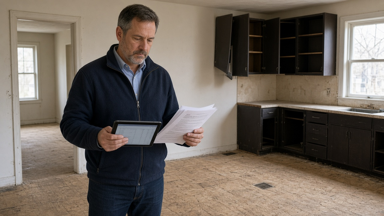 House-flip investor touring an AS-IS renovation property while reviewing inspection findings and a tablet estimate
