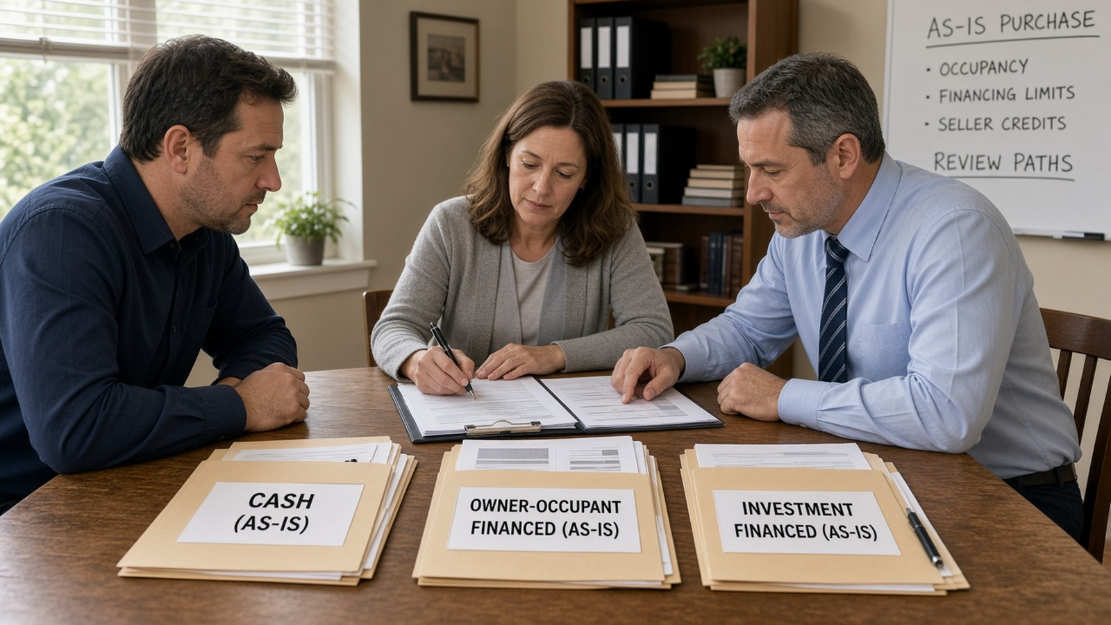 Buyer, loan officer, and title closer reviewing cash, owner-occupant financed, and investment-financed AS-IS seller credit paths