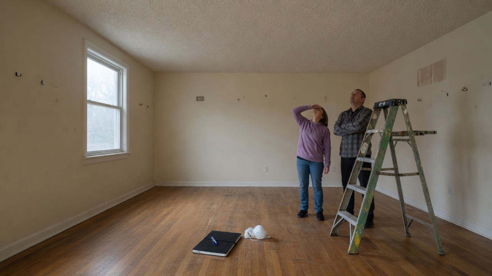 Two people look up at a textured ceiling beside a ladder in an empty living room
