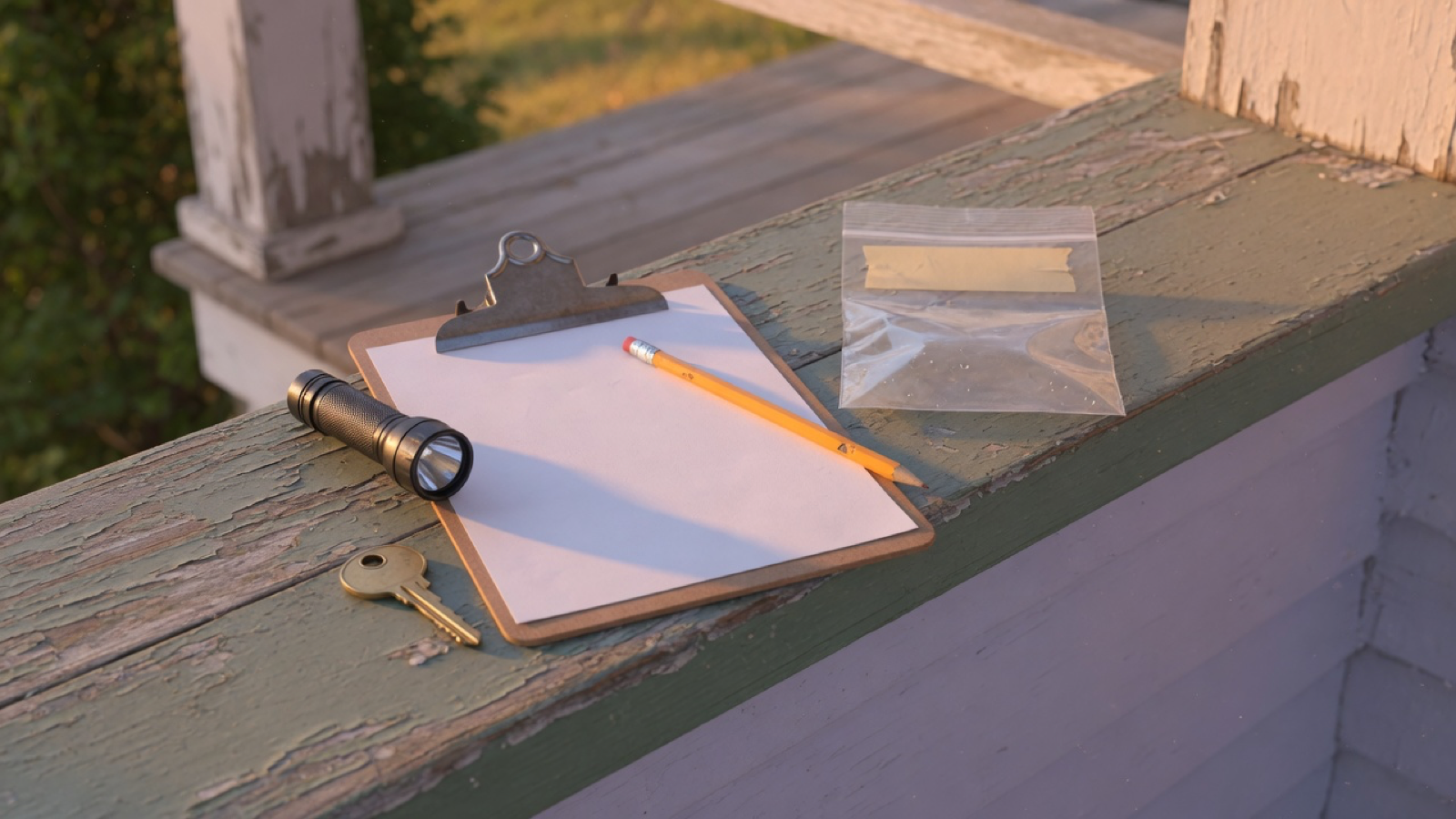 A blank clipboard, a house key, a pencil, a flashlight, and a sealed bag rest on a porch rail