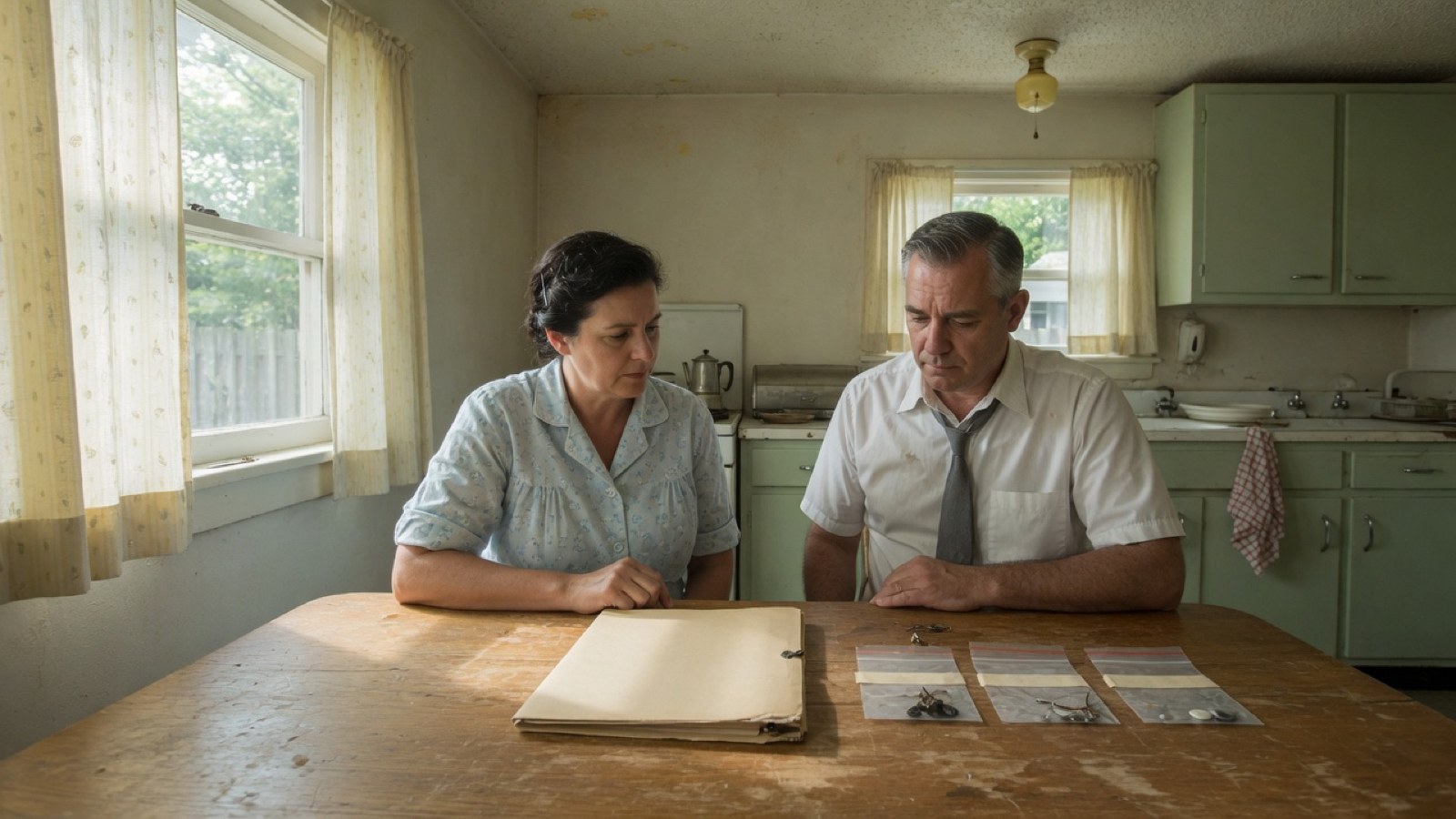 Two people review a blank folder and sealed sample bags at a bungalow kitchen table