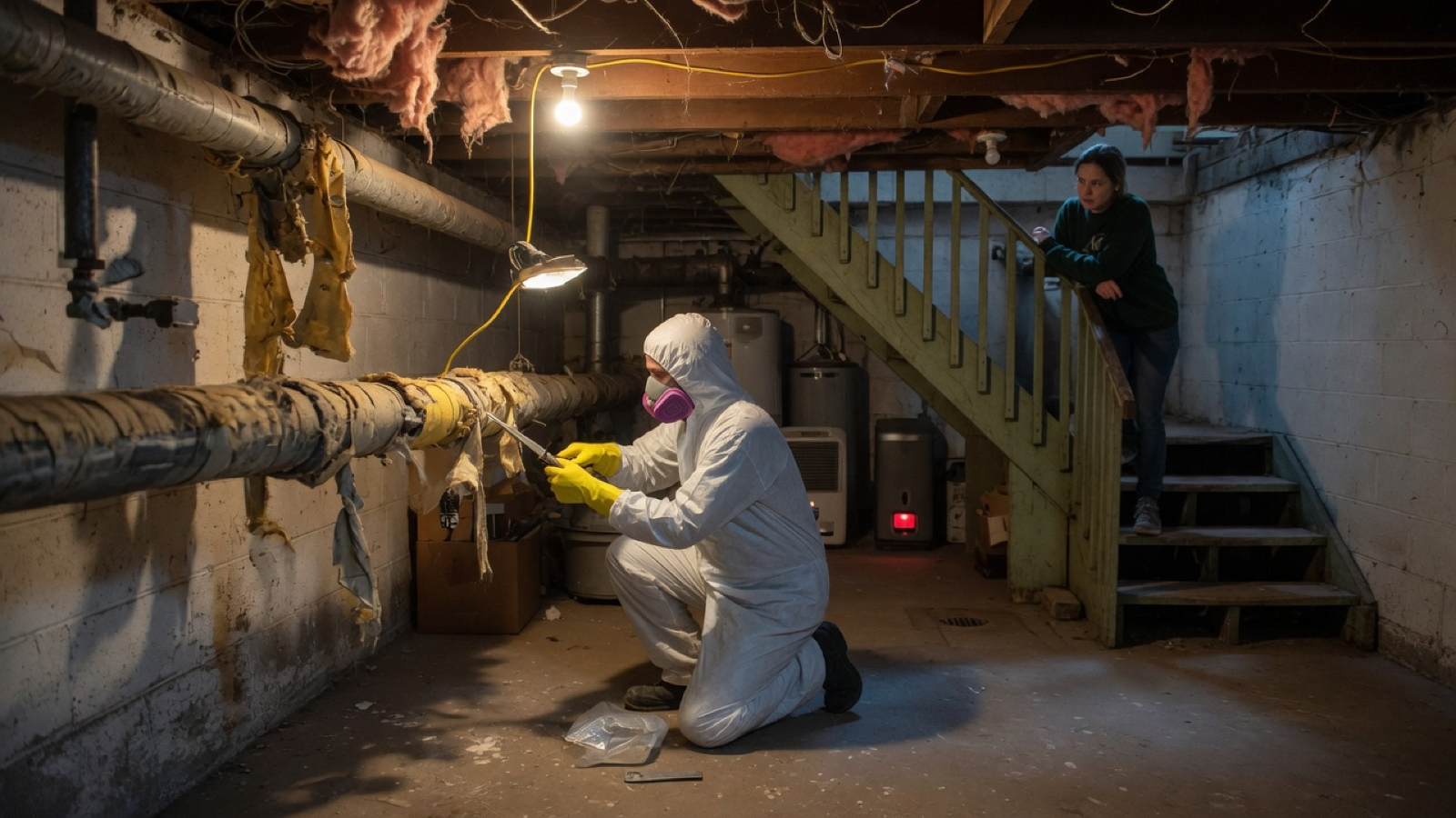 A person in a coverall and respirator samples cloth-wrapped basement pipes while another person watches from the stairs