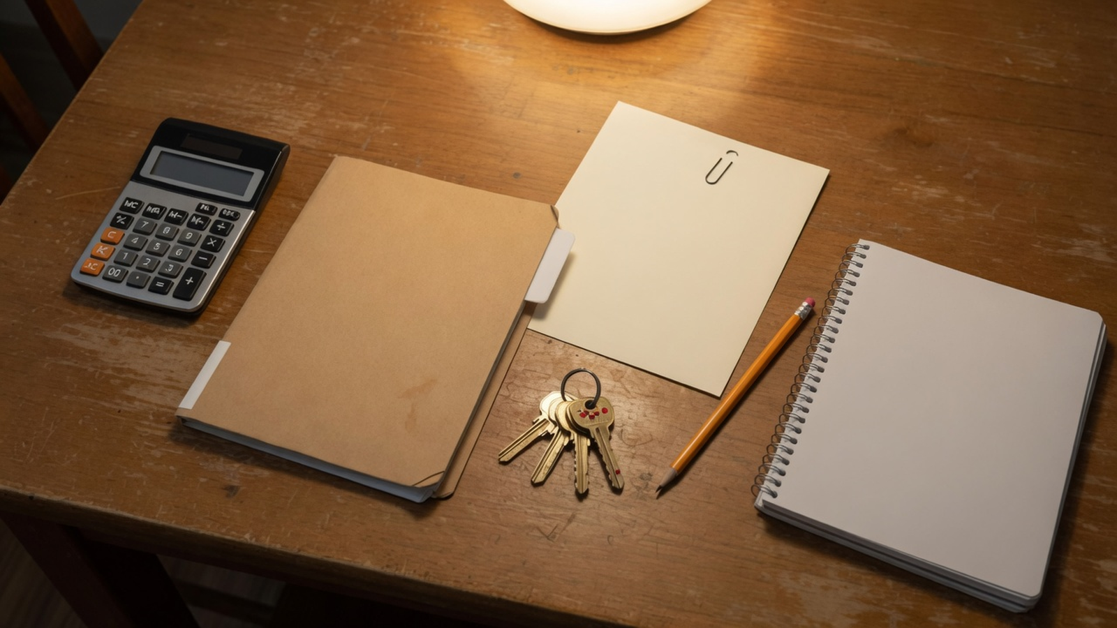 A kitchen table the evening before closing with a calculator, house keys, a blank folder, and a blank notebook