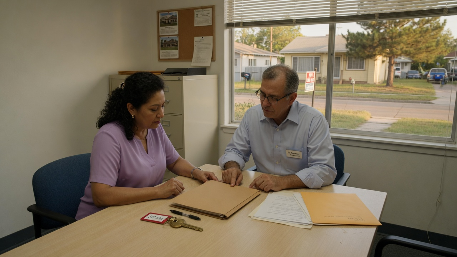 A buyer and a closing professional review a closed folder and house keys at a table, with a bungalow visible through the window