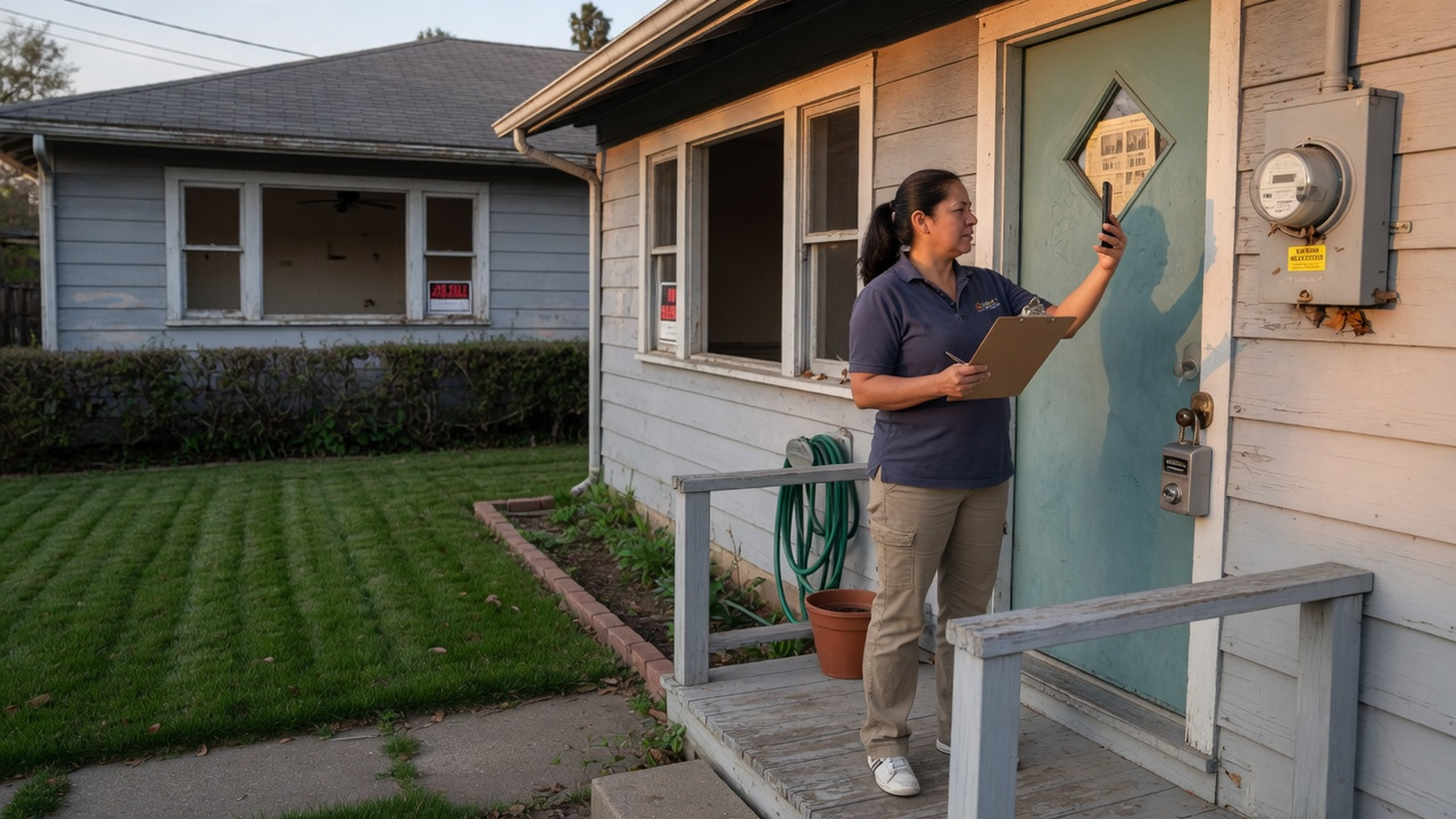 A buyer on the porch of a vacant bungalow photographs the electric meter while holding a clipboard