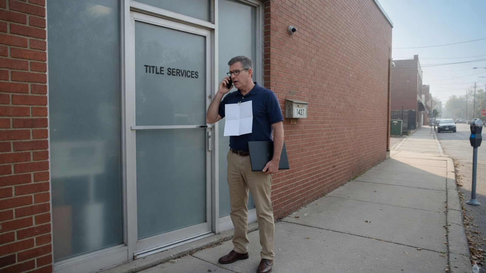 An investor outside a title office calls to confirm closing funds before sending them