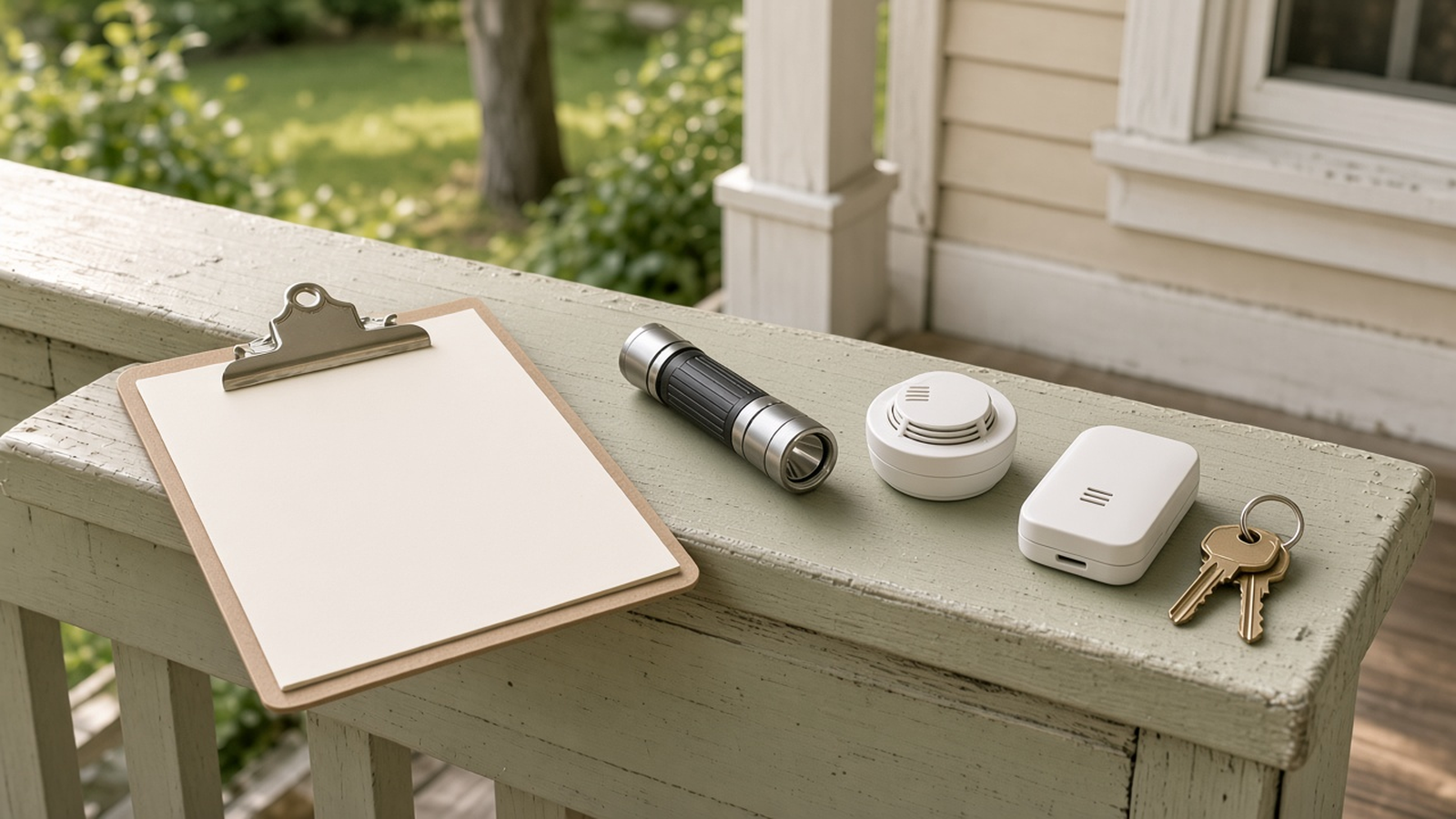 A blank clipboard, a smoke alarm, a carbon monoxide alarm, a flashlight, and keys on a porch rail