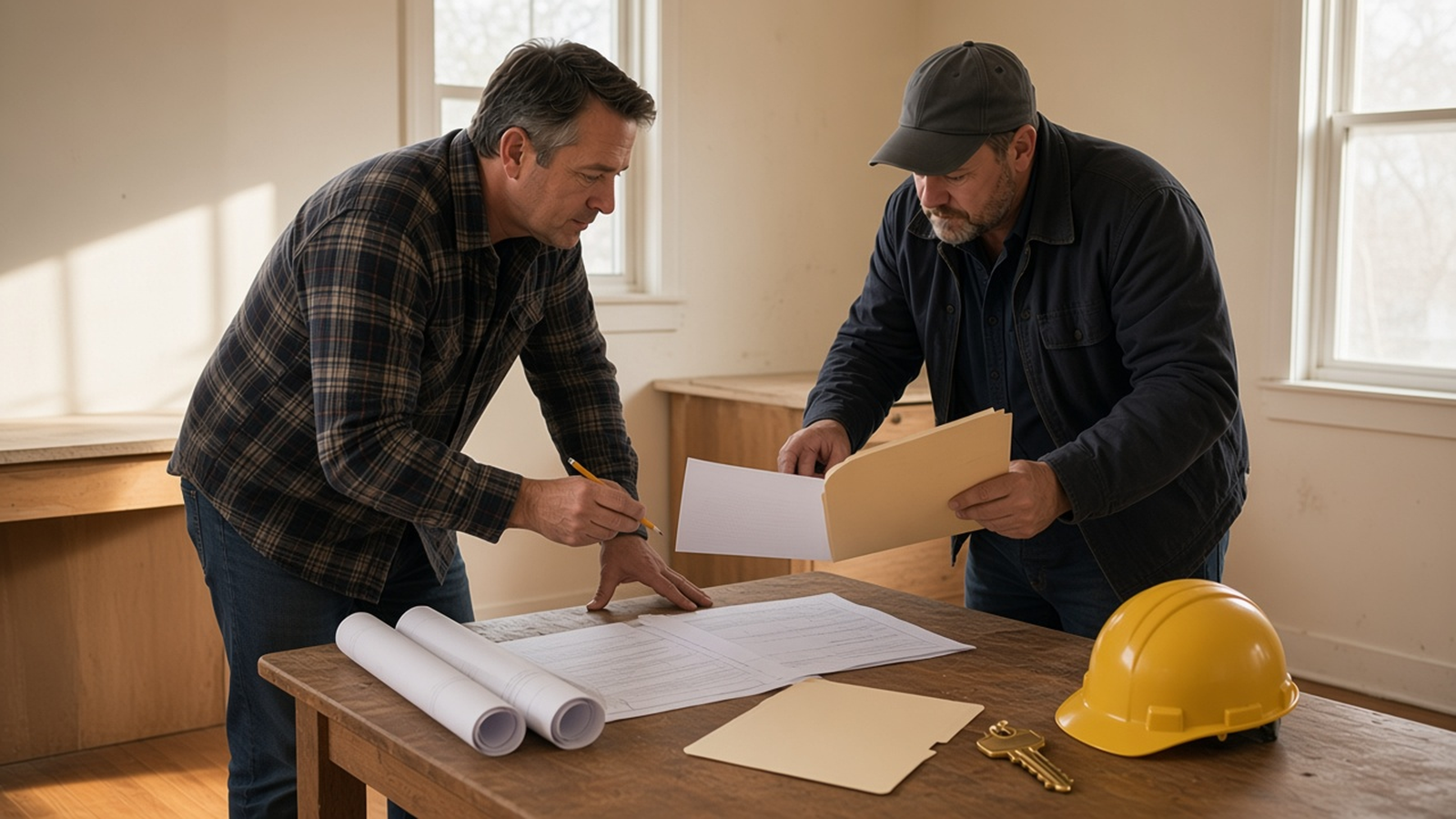 A flipper and a contractor review rolled plans and a blank folder at a bungalow kitchen table