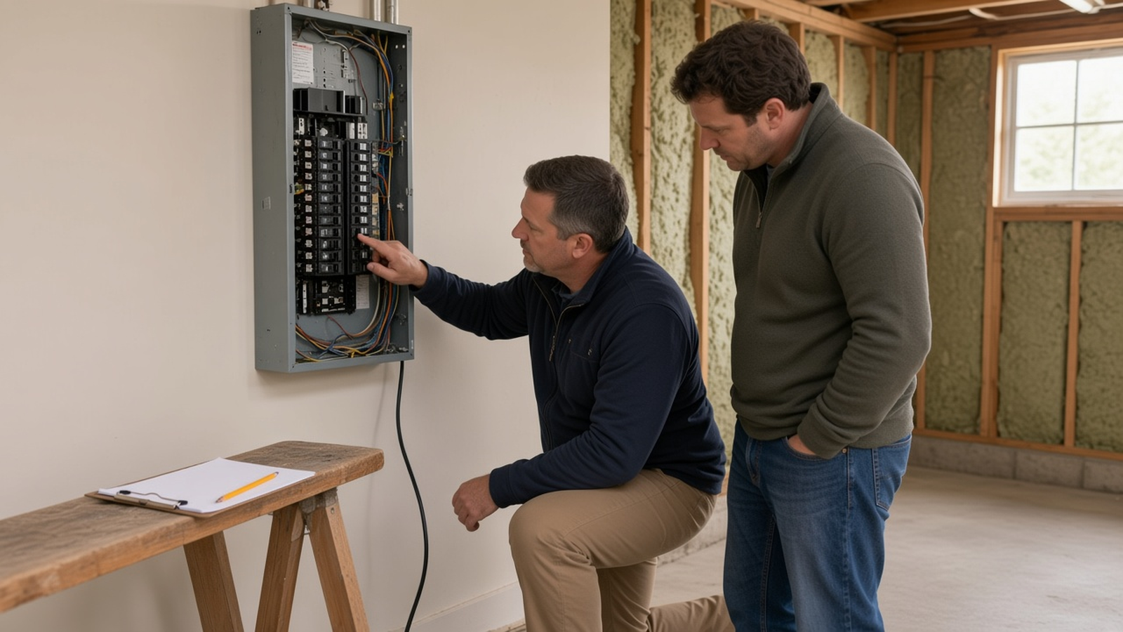 An inspector and a homeowner look at an open electrical panel beside a blank clipboard