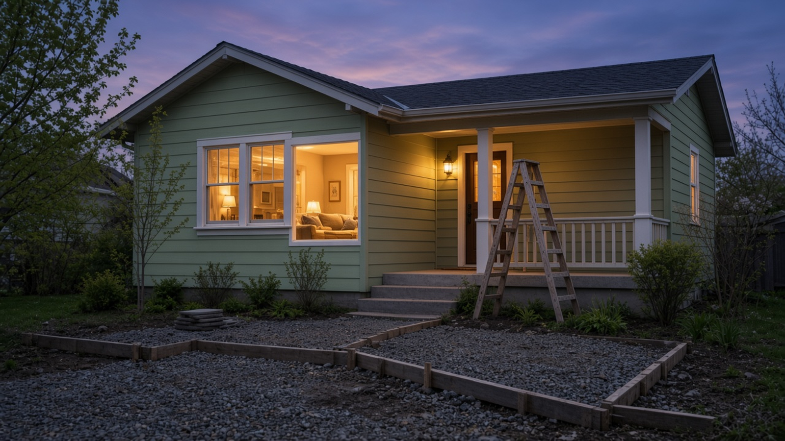 A bungalow with warm finished rooms inside and an unfinished gravel walk outside at dusk
