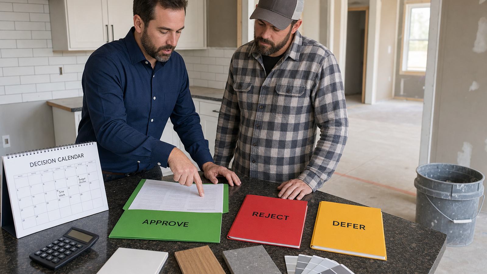 An investor and contractor comparing three color-coded approve, reject, and defer decision folders with a calendar and calculator in a partially renovated kitchen