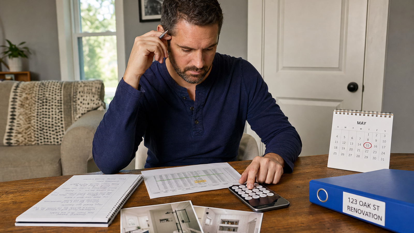 An investor recalculating renovation budget and schedule impact at a desk with a calculator, calendar, photo prints, and project binder