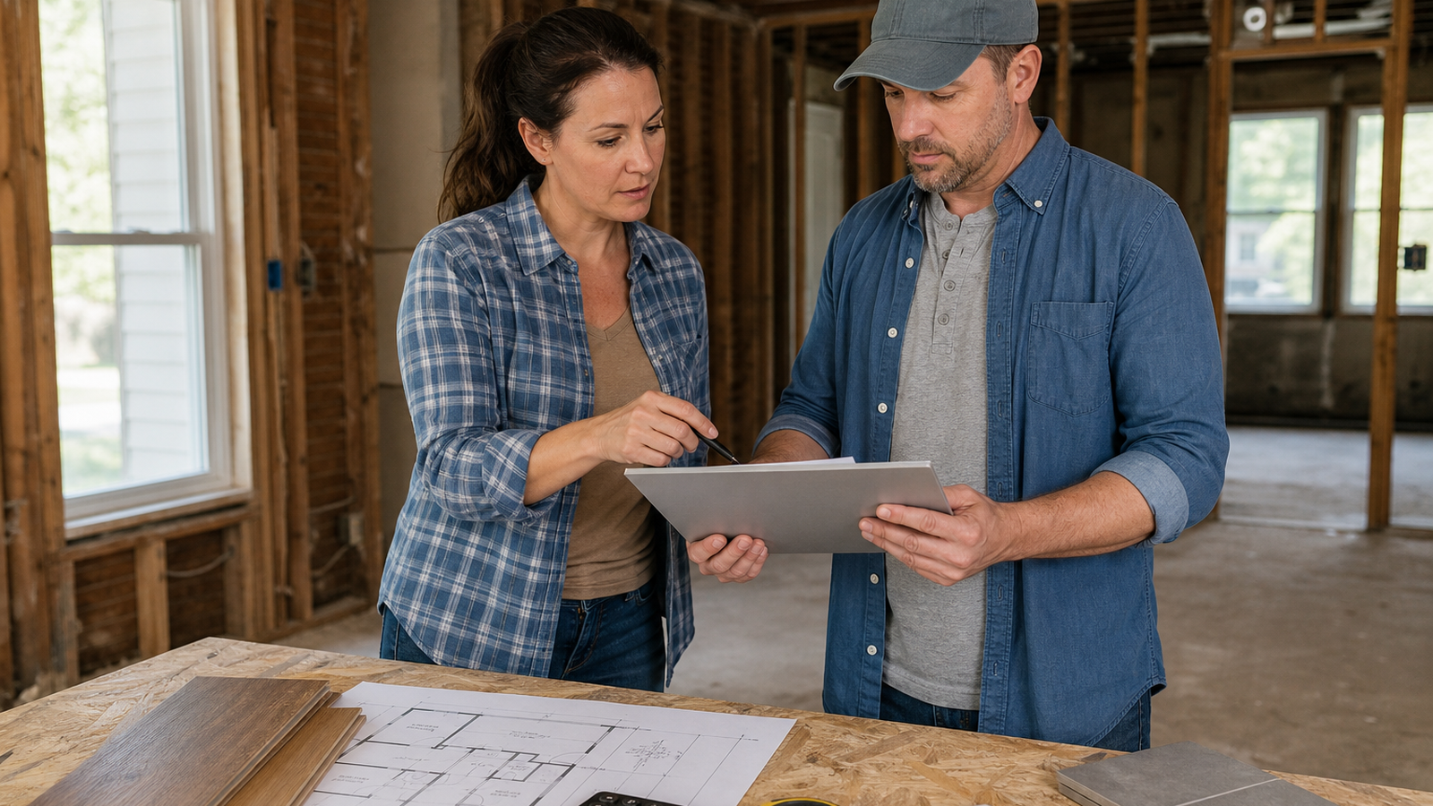 A residential investor and renovation contractor reviewing a proposed change-order packet beside framing and finish samples in a modest house under renovation