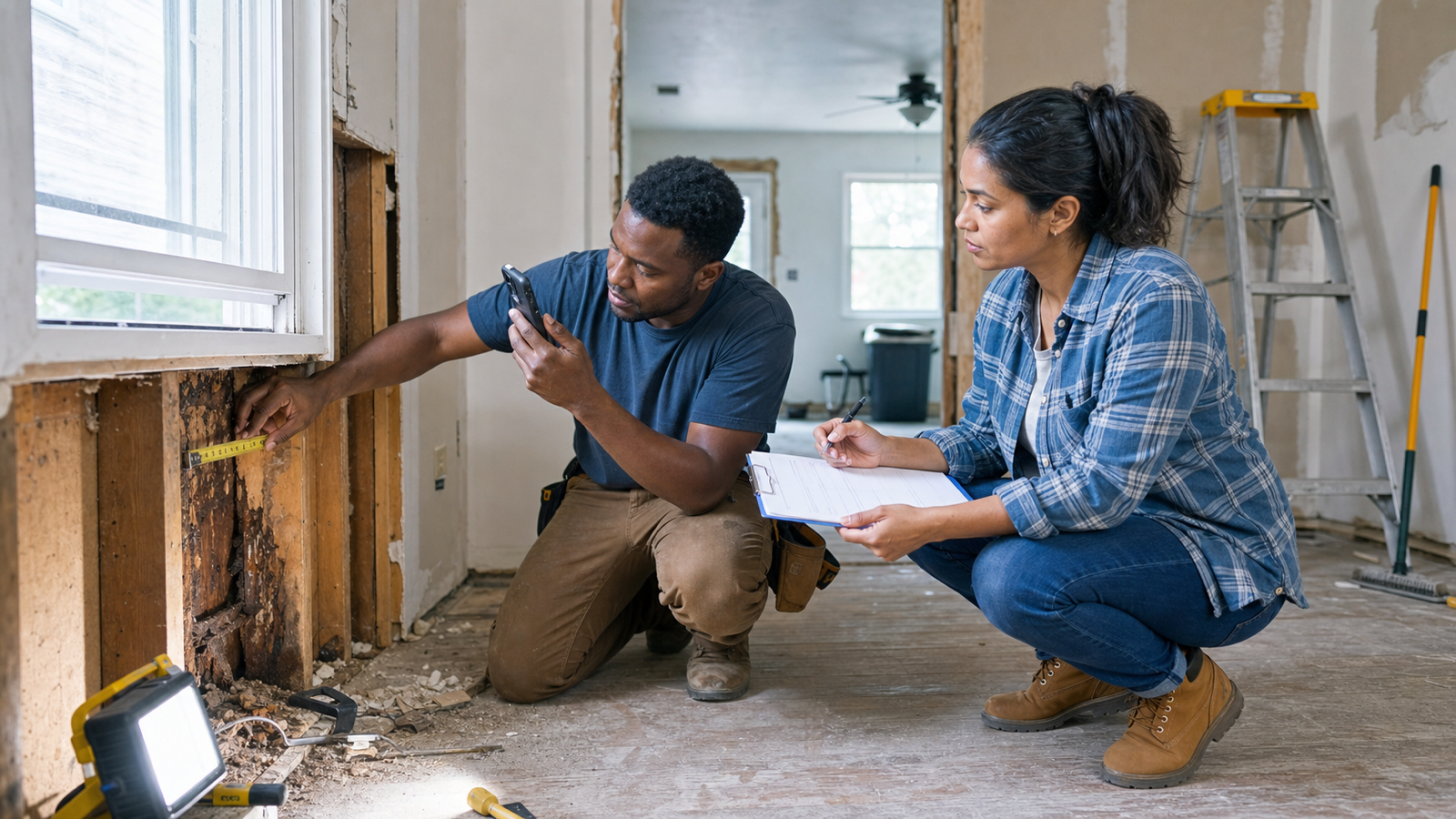 A renovation contractor and property investor measuring and photographing localized hidden framing damage while documenting a proposed change order