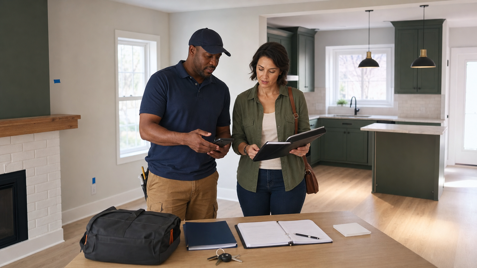 A renovation contractor and property investor reviewing a final checklist, keys, and project records inside a completed modest house