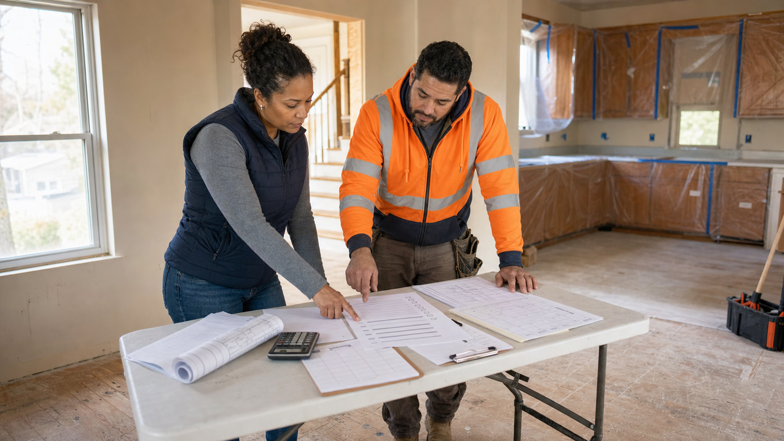 A property investor and renovation contractor reviewing a milestone payment schedule, plans, calculator, and calendar inside a modest house before construction begins