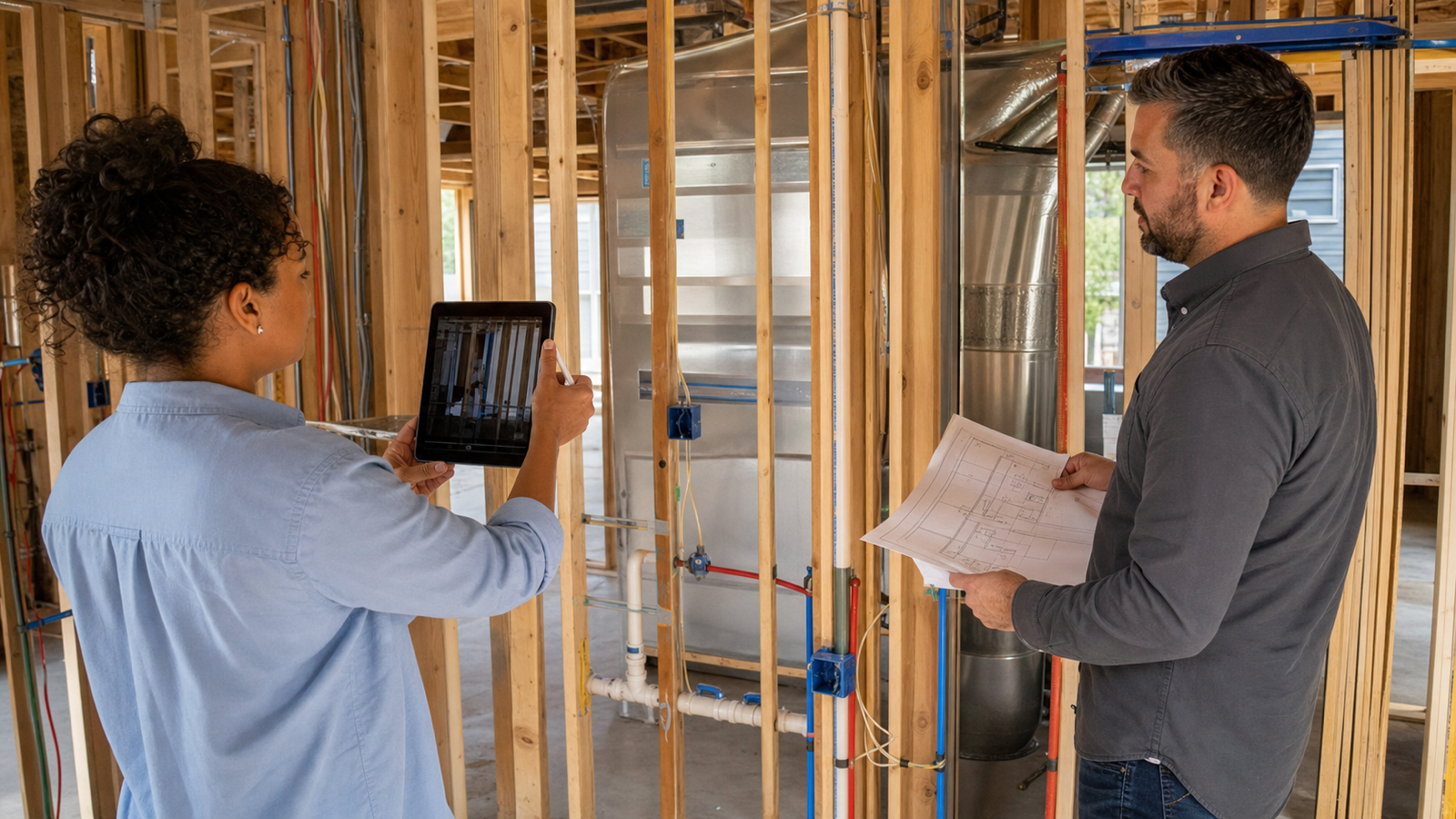 A property investor and renovation contractor documenting exposed framing, plumbing, electrical, and ductwork against plans before a progress payment